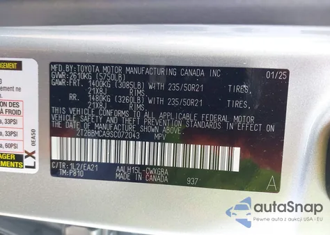 2025 Lexus Rx 350H Base/350H Premium/350H Premium Plus/350H Luxury/350H F Sport Design из США, поврежденный, VIN 2T2BBMCA9SC072043